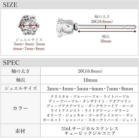 HSP ピアス サージカルステンレス 金属アレルギー対応 3mmジュエル ラウンドCZ シンプル キュービックジルコニア 1ペア クリスタル メンズ レディース