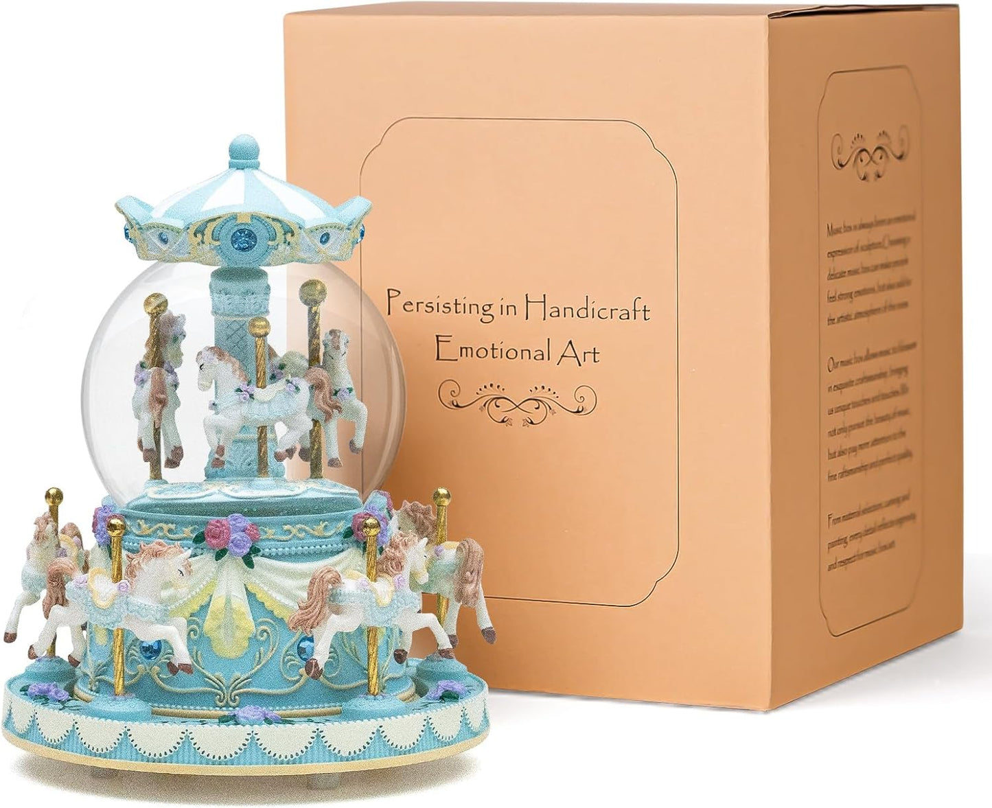 カルーセルオルゴール 誕生日、記念日、バレンタイン、クリスマスへのギフト馬のスノードーム、手塗りのオルゴール、カラーライト