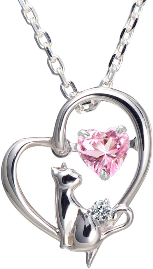 [未来天使] ネックレス レディース ハート 猫 ダンシングストーン シルバー 選べる 誕生石 【ベビーピンクカラー】 1月 ロードライトガーネット