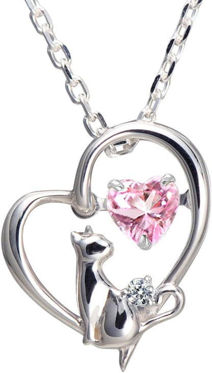 [未来天使] ネックレス レディース ハート 猫 ダンシングストーン シルバー 選べる 誕生石 【ベビーピンクカラー】 1月 ロードライトガーネット