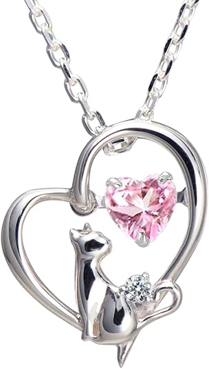 [未来天使] ネックレス レディース ハート 猫 ダンシングストーン シルバー 選べる 誕生石 【ベビーピンクカラー】 1月 ロードライトガーネット