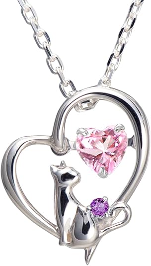 [未来天使] ネックレス レディース ハート 猫 ダンシングストーン シルバー 選べる 誕生石 【ベビーピンクカラー】 1月 ロードライトガーネット