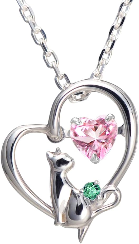 [未来天使] ネックレス レディース ハート 猫 ダンシングストーン シルバー 選べる 誕生石 【ベビーピンクカラー】 1月 ロードライトガーネット