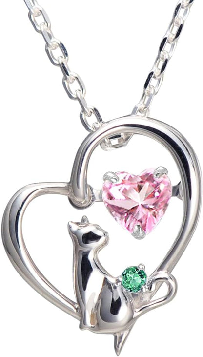 [未来天使] ネックレス レディース ハート 猫 ダンシングストーン シルバー 選べる 誕生石 【ベビーピンクカラー】 1月 ロードライトガーネット