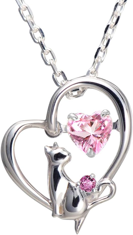 [未来天使] ネックレス レディース ハート 猫 ダンシングストーン シルバー 選べる 誕生石 【ベビーピンクカラー】 1月 ロードライトガーネット