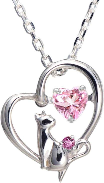 [未来天使] ネックレス レディース ハート 猫 ダンシングストーン シルバー 選べる 誕生石 【ベビーピンクカラー】 1月 ロードライトガーネット