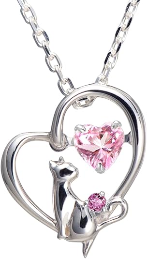[未来天使] ネックレス レディース ハート 猫 ダンシングストーン シルバー 選べる 誕生石 【ベビーピンクカラー】 1月 ロードライトガーネット