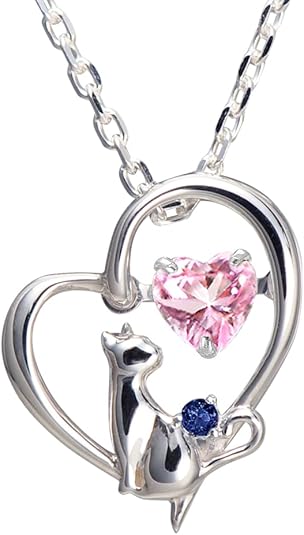 [未来天使] ネックレス レディース ハート 猫 ダンシングストーン シルバー 選べる 誕生石 【ベビーピンクカラー】 1月 ロードライトガーネット