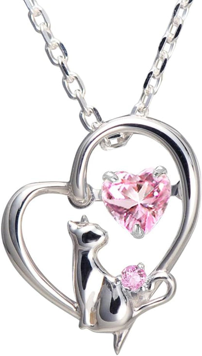[未来天使] ネックレス レディース ハート 猫 ダンシングストーン シルバー 選べる 誕生石 【ベビーピンクカラー】 1月 ロードライトガーネット