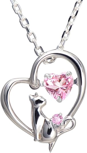 [未来天使] ネックレス レディース ハート 猫 ダンシングストーン シルバー 選べる 誕生石 【ベビーピンクカラー】 1月 ロードライトガーネット