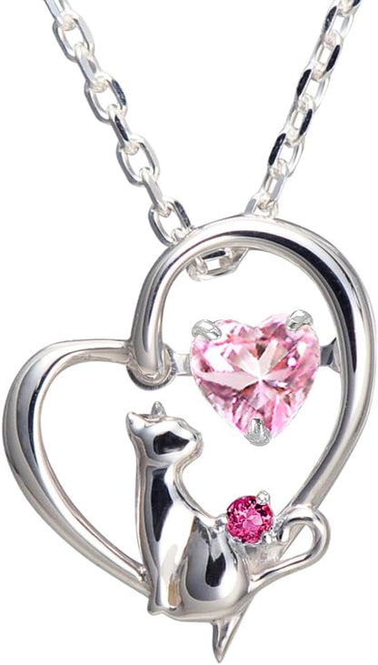 [未来天使] ネックレス レディース ハート 猫 ダンシングストーン シルバー 選べる 誕生石 【ベビーピンクカラー】 1月 ロードライトガーネット