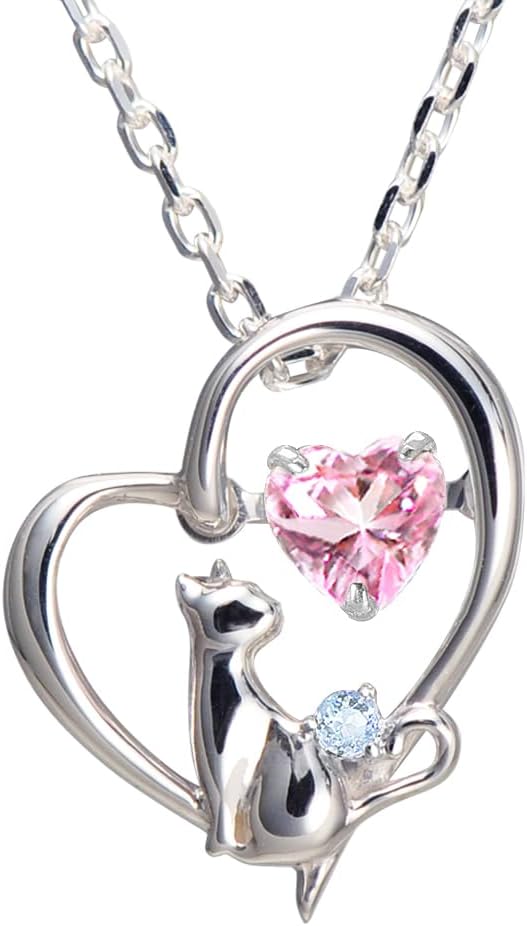 [未来天使] ネックレス レディース ハート 猫 ダンシングストーン シルバー 選べる 誕生石 【ベビーピンクカラー】 1月 ロードライトガーネット