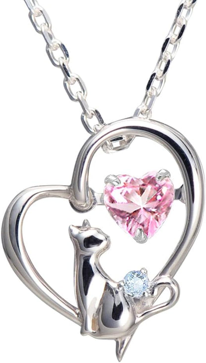 [未来天使] ネックレス レディース ハート 猫 ダンシングストーン シルバー 選べる 誕生石 【ベビーピンクカラー】 1月 ロードライトガーネット