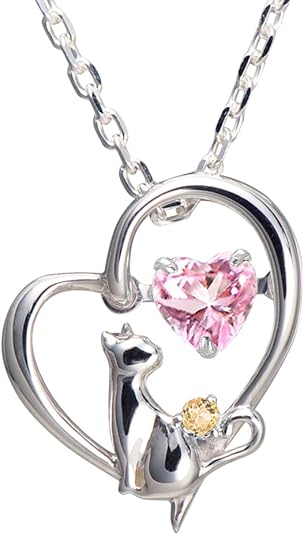 [未来天使] ネックレス レディース ハート 猫 ダンシングストーン シルバー 選べる 誕生石 【ベビーピンクカラー】 1月 ロードライトガーネット