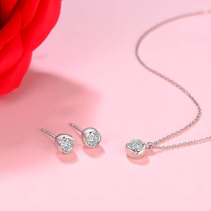 [Free bird] ネックレス レディース ピアス セット 「バラのキッス」 最高級 ジルコニア シルバー ペンダント 金属アレルギー対応 アクセサリー 一粒ジュエリー 誕生日 記念日 母の日のプレゼント