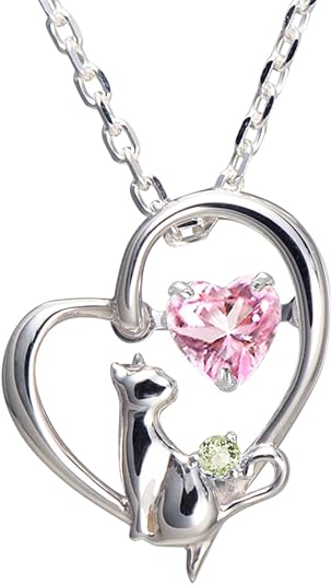 [未来天使] ネックレス レディース ハート 猫 ダンシングストーン シルバー 選べる 誕生石 【ベビーピンクカラー】 1月 ロードライトガーネット