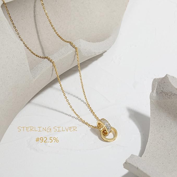 [Pasurohu] ネックレス レディース K18 18金コーティング シルバー925 最高級キュービックジルコニア ペンダント ダブルリング 人気 華奢 ローズゴールド ゴールド プラチナ アジャスター付き 金属アレルギー対応 本物ジュエリー