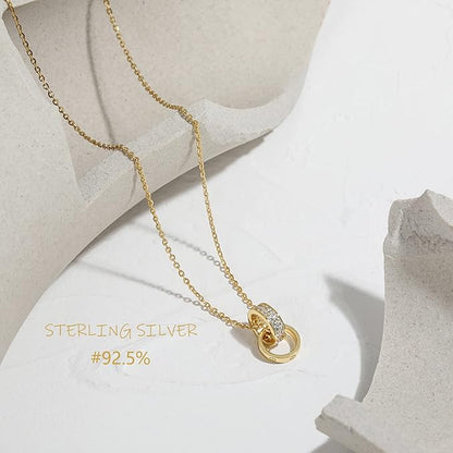 [Pasurohu] ネックレス レディース K18 18金コーティング シルバー925 最高級キュービックジルコニア ペンダント ダブルリング 人気 華奢 ローズゴールド ゴールド プラチナ アジャスター付き 金属アレルギー対応 本物ジュエリー