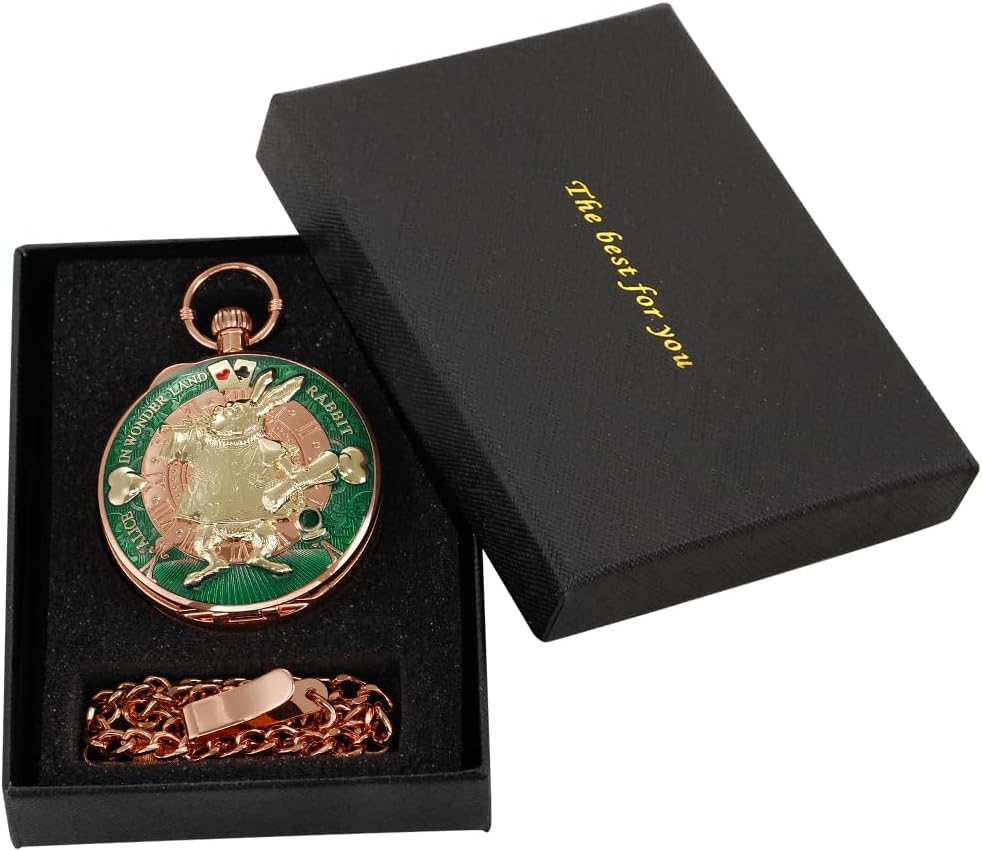 懐中時計 オルゴール 音楽時計チェーン   クリスマス 誕生日 卒業ギフト, ローズゴールドグリーン-01 手回し式