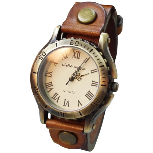 [リトルマジック][経年変化するJapanレザー]【日本製ムーブメント】[金属アレルギー対応] 腕時計 メンズ レディース 時計 アンティーク風/オールドクロック(ダークブラウン Lサイズ)