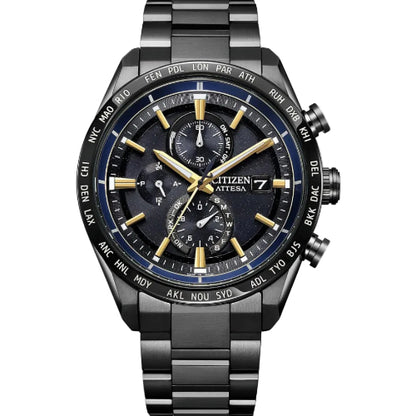 [CITIZEN] 腕時計 ATTESA (電波時計/防水/サファイアベゼル) AT8294-59E 軽量 チタン 光発電エコ・ドライブ サファイアガラス メンズ ビジネス アナログ クロノグラフ ブラック 黒 黒文字盤 電波ソーラー