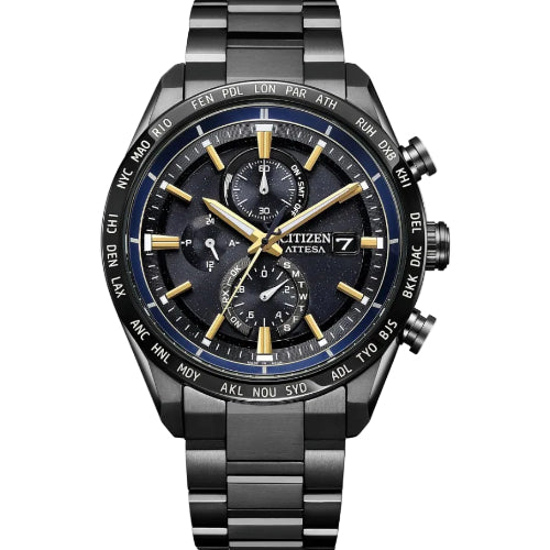 [CITIZEN] 腕時計 ATTESA (電波時計/防水/サファイアベゼル) AT8294-59E 軽量 チタン 光発電エコ・ドライブ サファイアガラス メンズ ビジネス アナログ クロノグラフ ブラック 黒 黒文字盤 電波ソーラー