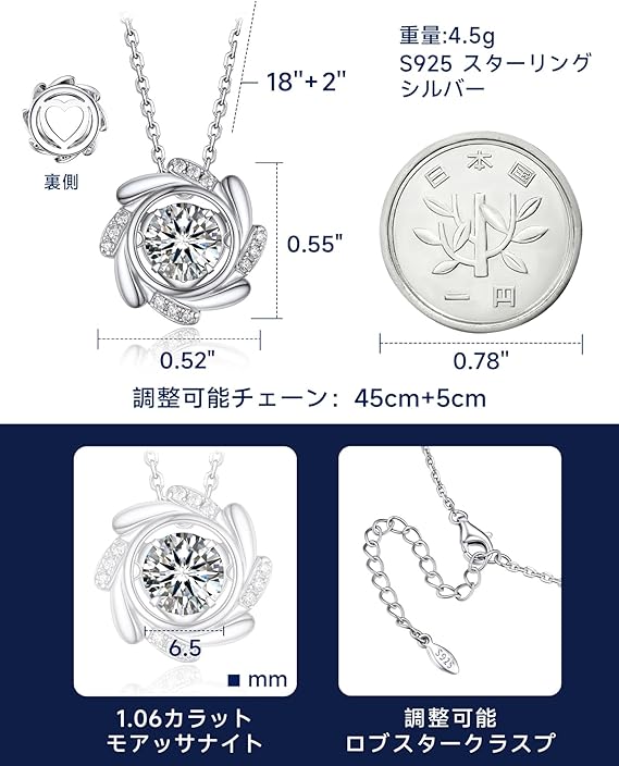 [MomentWish] ダンシングストーン ネックレス レディース 0.5-1 カラット モアサナイト ペンダント シルバーネックレス人気ブランド チェーン 誕生日 記念日 プレゼント（長40cm＋アジャスター5cm） 華奢ギフトボックス付け