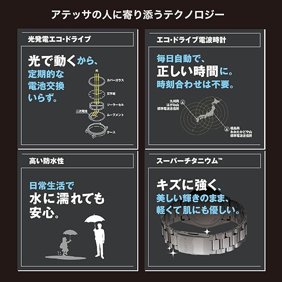 [CITIZEN] 腕時計 ATTESA (電波時計/防水/サファイアベゼル) AT8294-59E 軽量 チタン 光発電エコ・ドライブ サファイアガラス メンズ ビジネス アナログ クロノグラフ ブラック 黒 黒文字盤 電波ソーラー