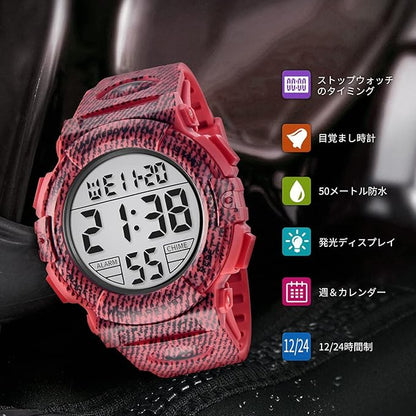 腕時計 メンズ デジタル 50メートル防水 日付 曜日 アラーム LED表示 多機能付き 防水腕時計 デジタル腕時計 スポーツウォッチ おしゃれ アウトドア 取扱説明書付き