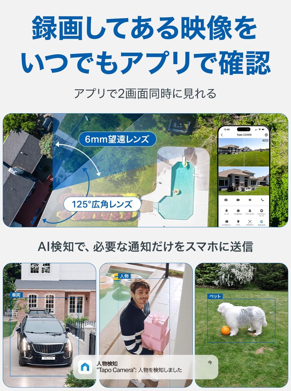 Tapo(タポ) 防犯カメラ ペットカメラ 屋外・屋内対応 2K 300万画素 デュアルレンズ パンチルト360° 広角125° AI検知 フルカラー夜間撮影 IP65 防水防塵 双方向通話 Alexa/Google Assistant対応 TP-Link Tapo C246D/A