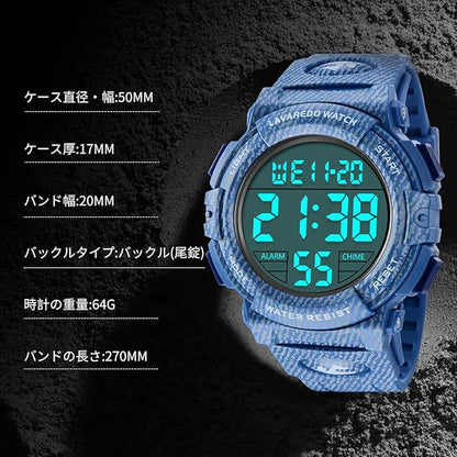 腕時計 メンズ デジタル 50メートル防水 日付 曜日 アラーム LED表示 多機能付き 防水腕時計 デジタル腕時計 スポーツウォッチ おしゃれ アウトドア 取扱説明書付き