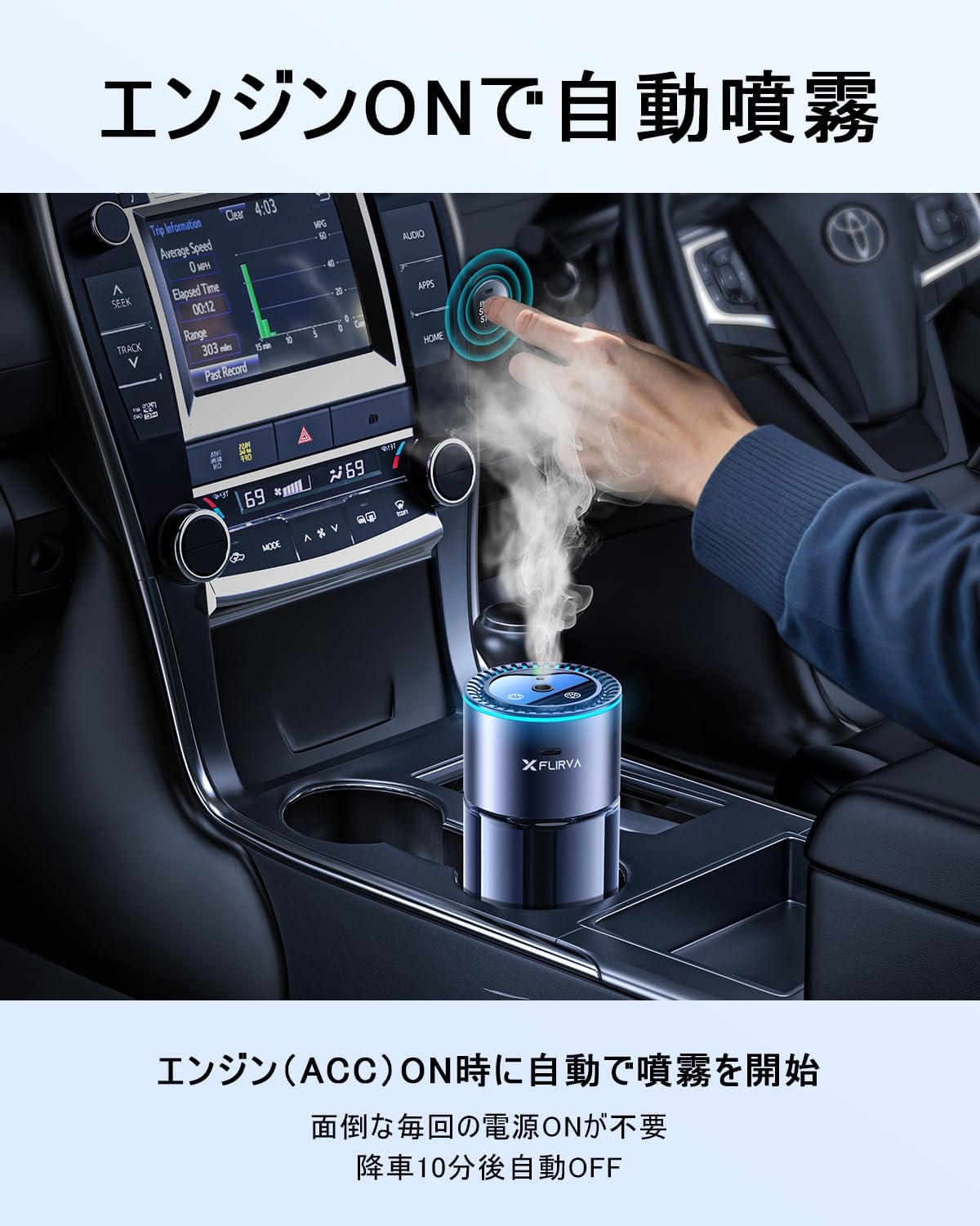 FLIRVA 車用アロマディフューザー 超音波霧化 180mL コードレス 8色ライト ホワイトムスク