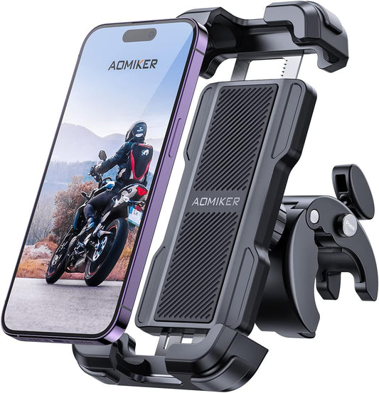 Aomiker  バイク用 スマホホルダー スタンド 黒／360度回転／振動吸収／対応サイズ 4.7〜6.8インチ（iPhone・Android対応） バイク・オートバイ・原付・自転車でのスマートフォン固定・ナビ使用・走行中操作補助