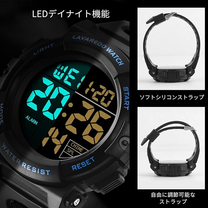 腕時計 メンズ デジタル 50メートル防水 日付 曜日 アラーム LED表示 多機能付き 防水腕時計 デジタル腕時計 スポーツウォッチ おしゃれ アウトドア 取扱説明書付き