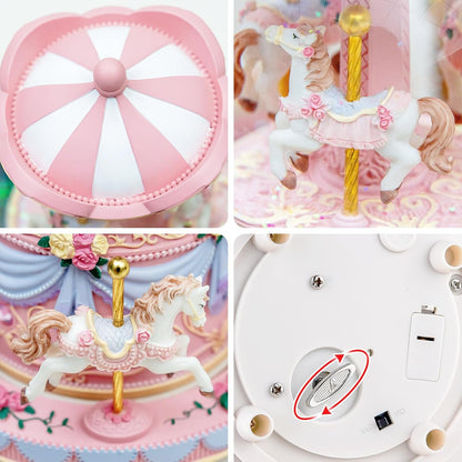 カルーセルオルゴール 誕生日、記念日、バレンタイン、クリスマスへのギフト馬のスノードーム、手塗りのオルゴール、カラーライト