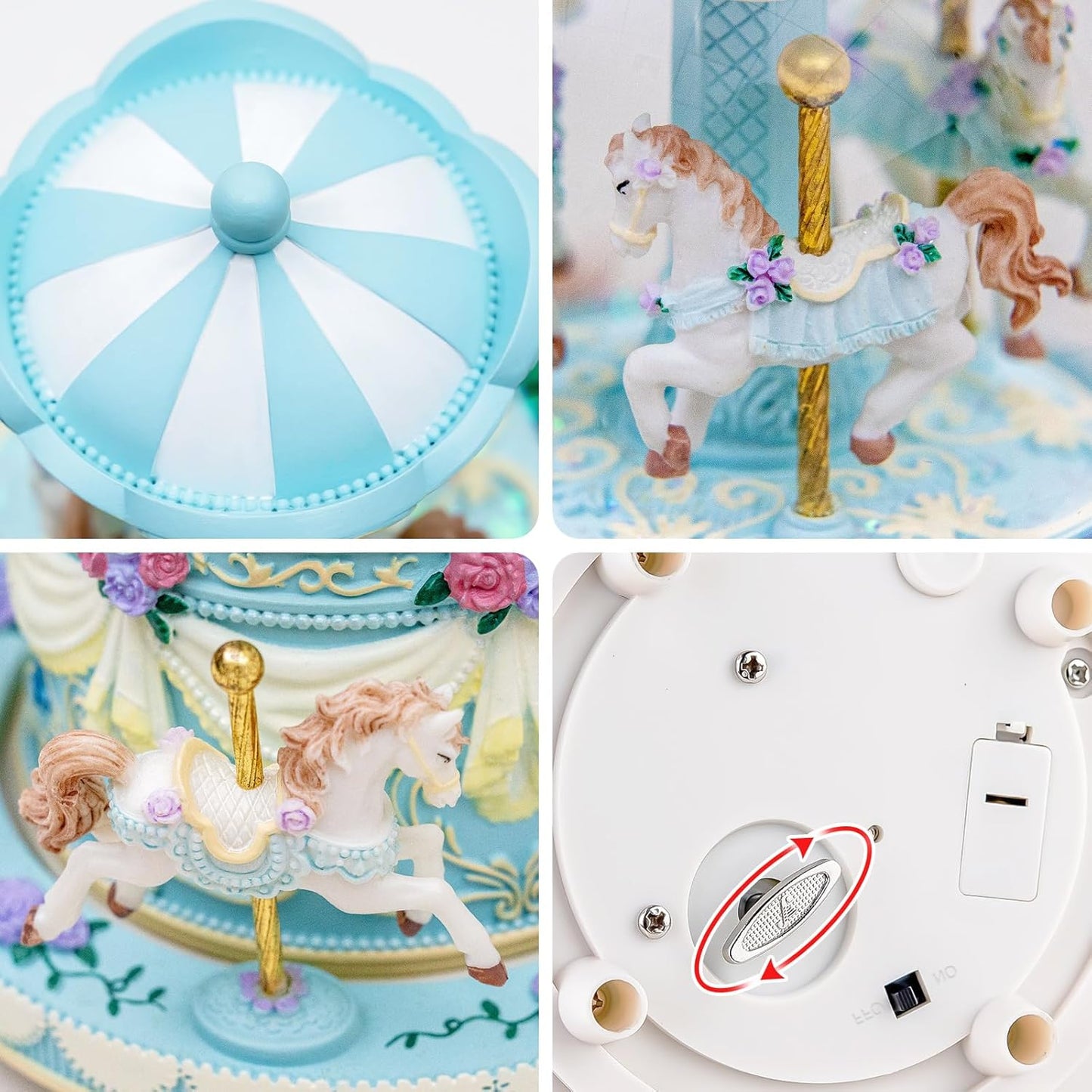 カルーセルオルゴール 誕生日、記念日、バレンタイン、クリスマスへのギフト馬のスノードーム、手塗りのオルゴール、カラーライト