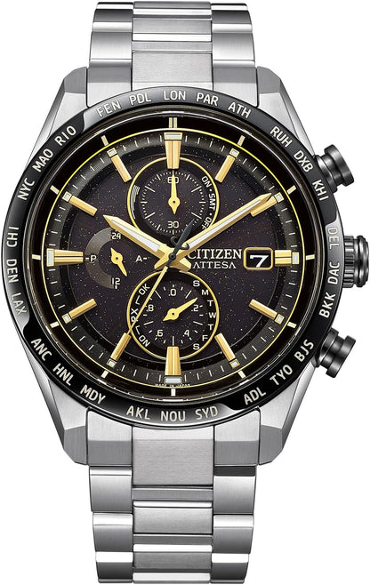 [CITIZEN] 腕時計 ATTESA (電波時計/防水/サファイアベゼル) AT8294-59E 軽量 チタン 光発電エコ・ドライブ サファイアガラス メンズ ビジネス アナログ クロノグラフ ブラック 黒 黒文字盤 電波ソーラー