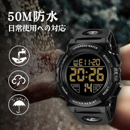 腕時計 メンズ デジタル 50メートル防水 日付 曜日 アラーム LED表示 多機能付き 防水腕時計 デジタル腕時計 スポーツウォッチ おしゃれ アウトドア 取扱説明書付き