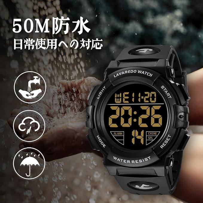 腕時計 メンズ デジタル 50メートル防水 日付 曜日 アラーム LED表示 多機能付き 防水腕時計 デジタル腕時計 スポーツウォッチ おしゃれ アウトドア 取扱説明書付き