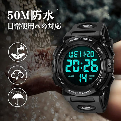 腕時計 メンズ デジタル 50メートル防水 日付 曜日 アラーム LED表示 多機能付き 防水腕時計 デジタル腕時計 スポーツウォッチ おしゃれ アウトドア 取扱説明書付き