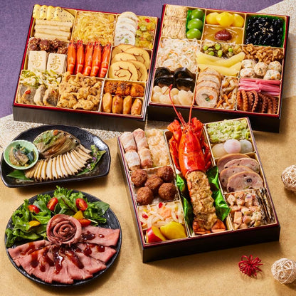 （12月30日着）板前魂 富士 おせち 肉おせち 特大8.5寸重箱 和洋風 三段重 5人前 45品目