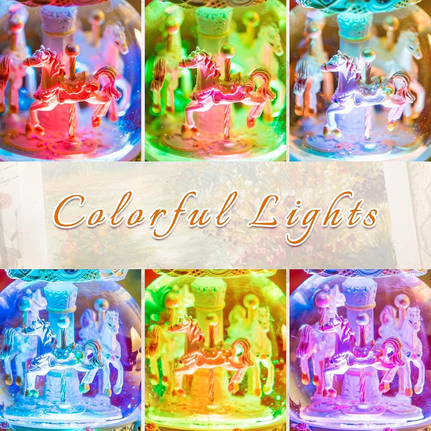 カルーセルオルゴール 誕生日、記念日、バレンタイン、クリスマスへのギフト馬のスノードーム、手塗りのオルゴール、カラーライト