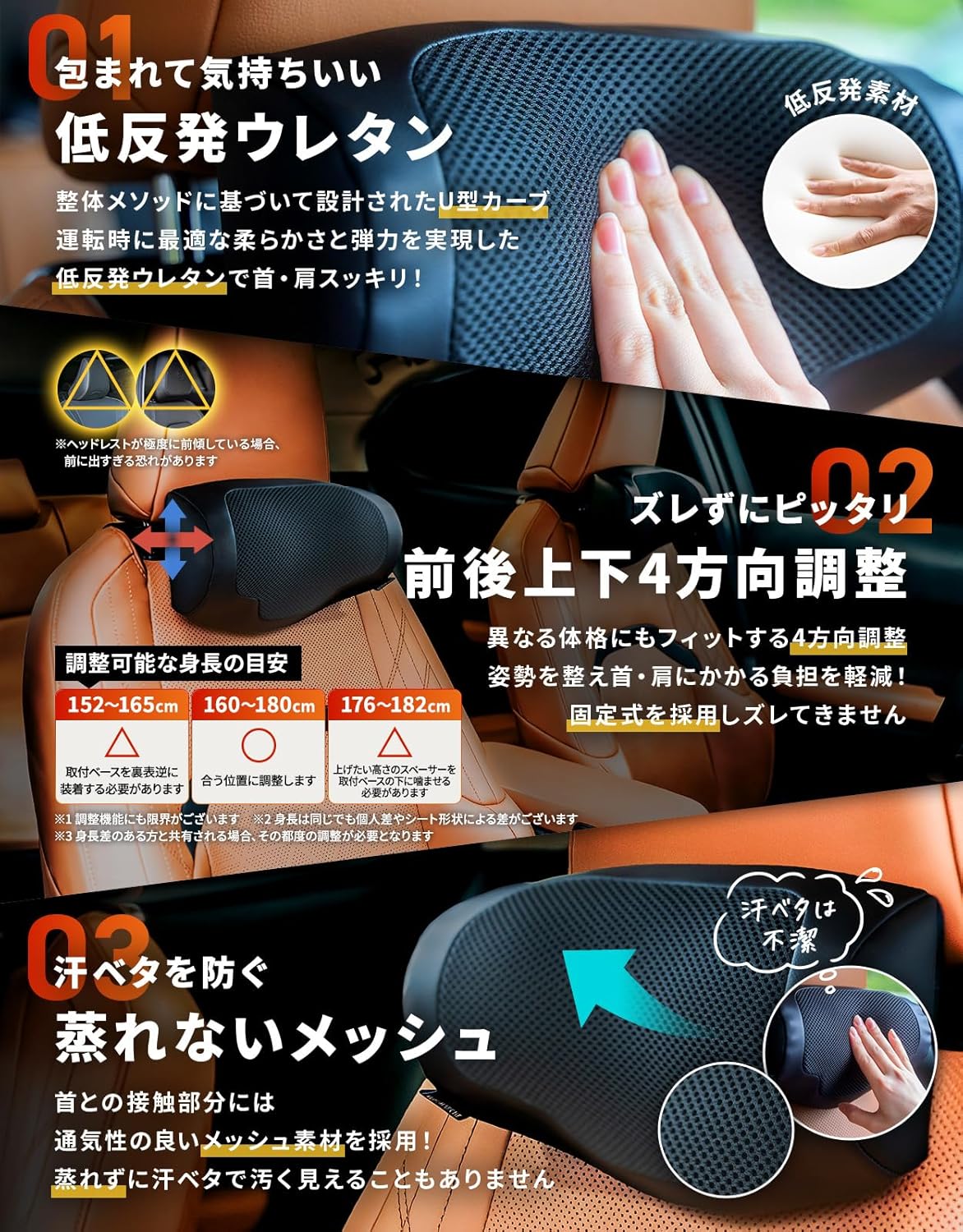 ラクネック ヘッドレスト ネックパッド 前後上下4方向調整 メッシュ生地 日本ブランド