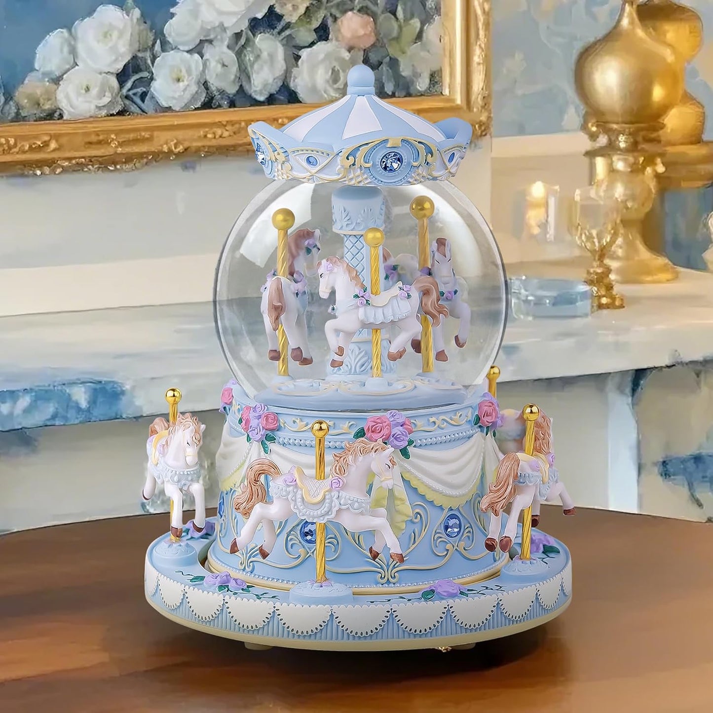 カルーセルオルゴール 誕生日、記念日、バレンタイン、クリスマスへのギフト馬のスノードーム、手塗りのオルゴール、カラーライト