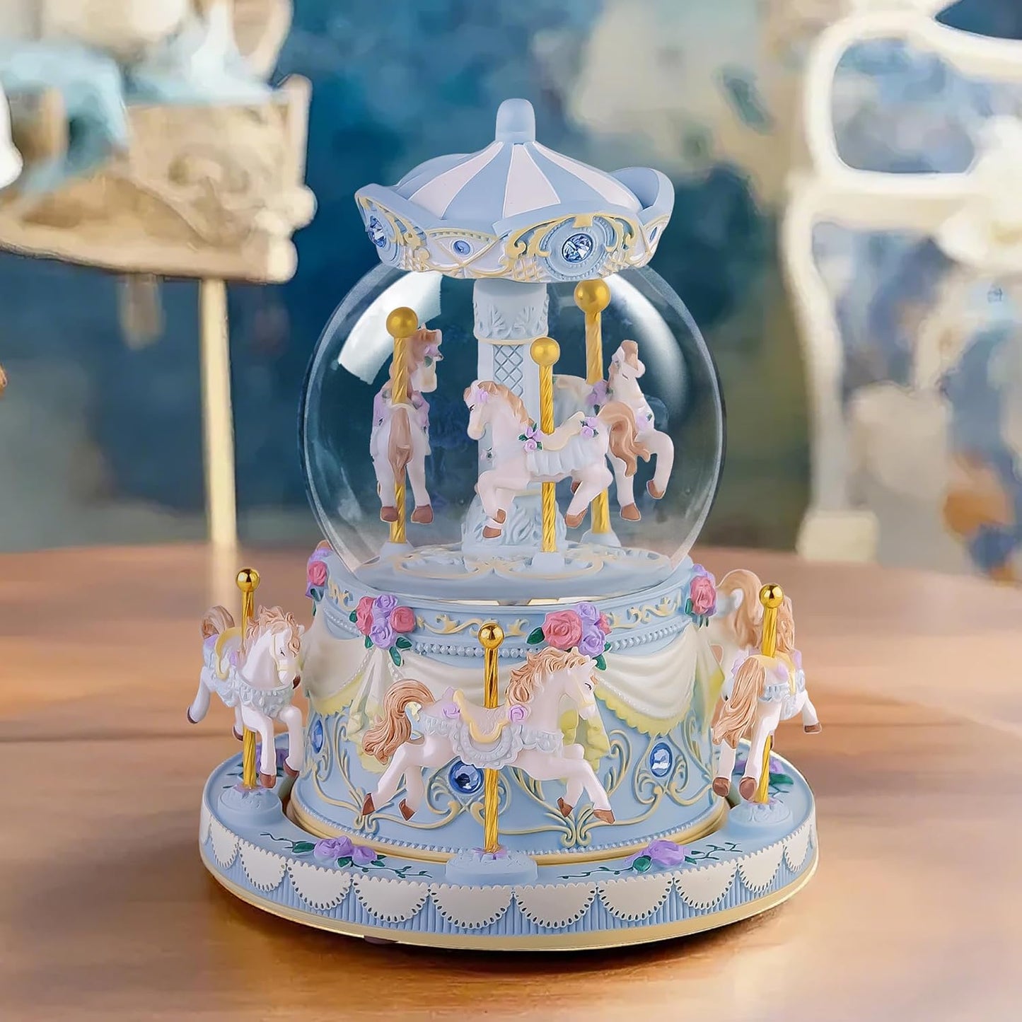 カルーセルオルゴール 誕生日、記念日、バレンタイン、クリスマスへのギフト馬のスノードーム、手塗りのオルゴール、カラーライト