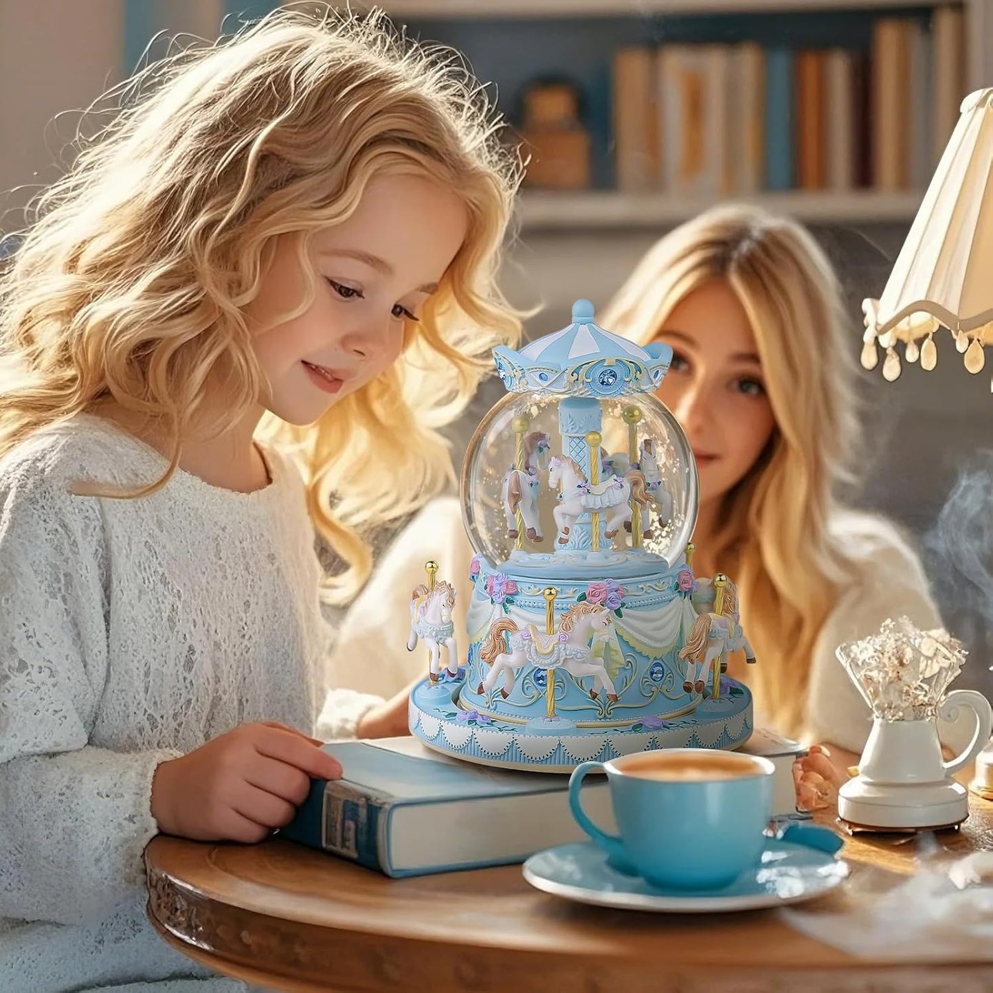 カルーセルオルゴール 誕生日、記念日、バレンタイン、クリスマスへのギフト馬のスノードーム、手塗りのオルゴール、カラーライト