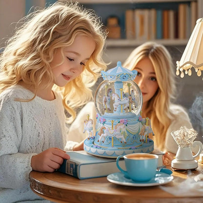 カルーセルオルゴール 誕生日、記念日、バレンタイン、クリスマスへのギフト馬のスノードーム、手塗りのオルゴール、カラーライト