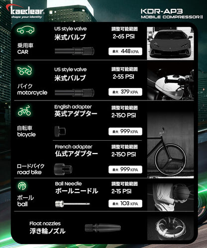 Kaedear(カエディア) バイク 空気入れ バイク用 エアポンプ 電動 エアーポンプ 電動空気入れ 充電式 usb スマートエアポンプ 2000mah×2 合計4000mah/14.8wha 150PSI typeC オートバイ 自転車 車 モバイルコンプレッサー KDR-AP1
