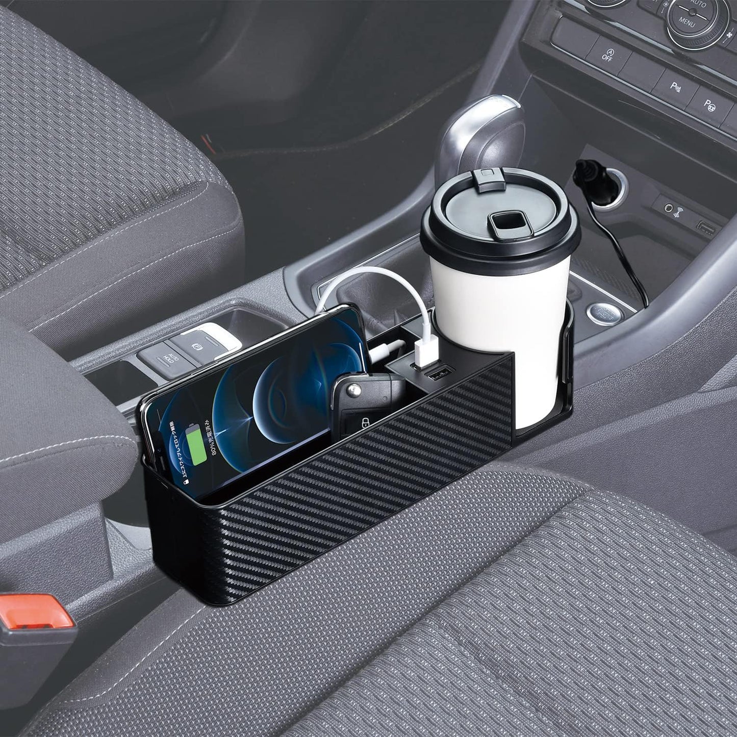 セイワ(SEIWA) 車内用品 シートサイドポケット USBポート付き 2口 ドリンクホルダー 収納 車用 カーボン WA82 シートオーガナイザー 4.8A出力 自動識別