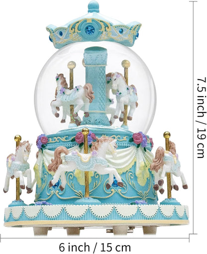 カルーセルオルゴール 誕生日、記念日、バレンタイン、クリスマスへのギフト馬のスノードーム、手塗りのオルゴール、カラーライト